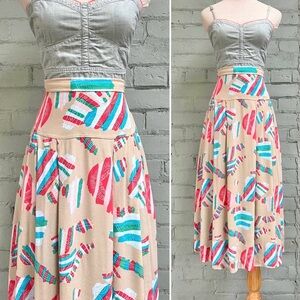 Vintage 80s Novelty Print Pleated Midi Skirt